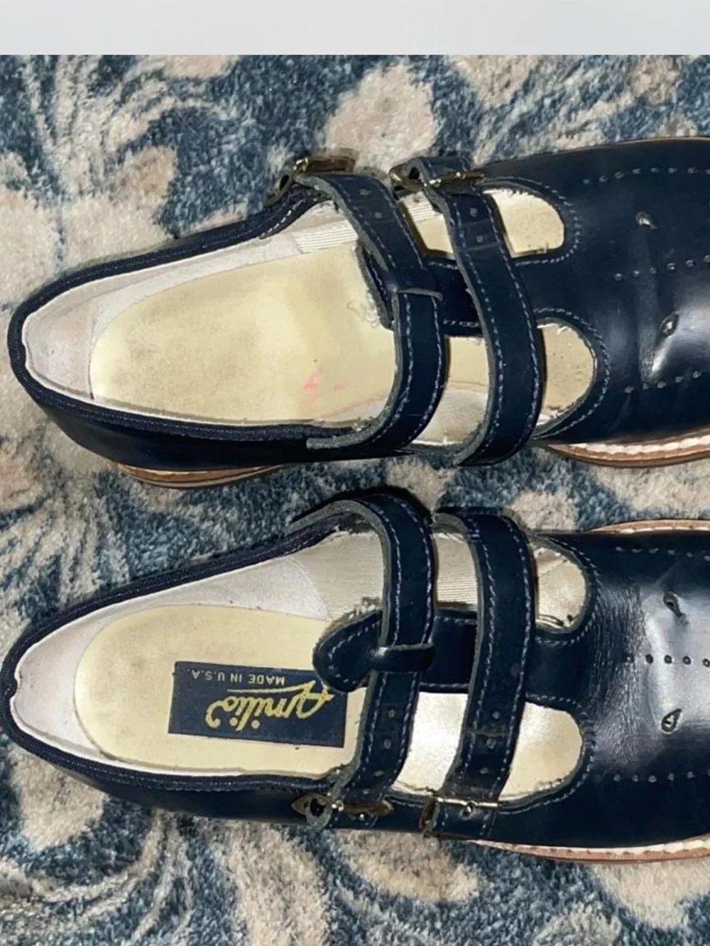 Vintage Amilio Navy Blue Leather Dbl T-Strap Mary Jane Shoes Girls Size 12 USA